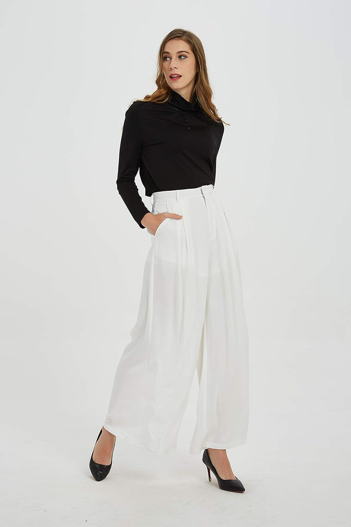Tronjori Damen Hose Weites Bein Frauen Lange Hose mit Taschen Einfarbig Lose elastische Hohe Taille