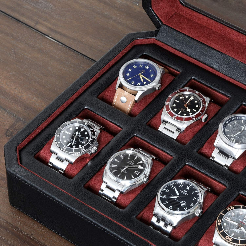 ROTHWELL 12 Slot Leder Uhrenbox - Luxus Uhrengehäuse Display Organizer, Herren Aufbewahrungsboxen Ha