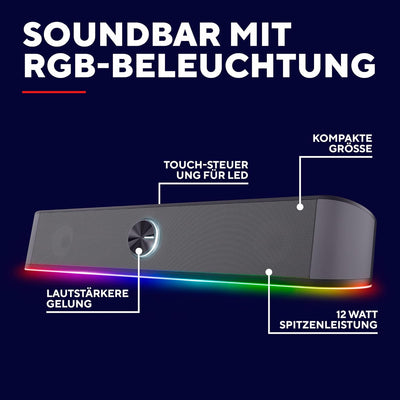 Trust Gaming Stereo Soundbar mit RGB Beleuchtung GXT 1619 Rhox, Computer Boxen 12W, 2.0 Lautsprecher