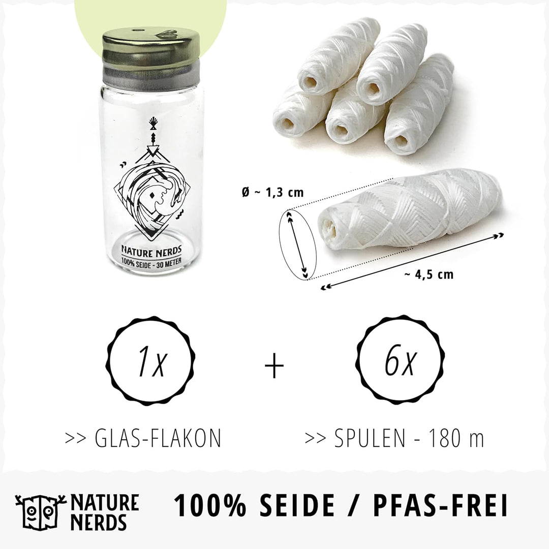 Nature Nerds – plastikfreie Natur Zahnseide im Glas-Flakon gewachst mit Candelilla – 6 Spulen = 180
