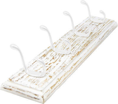 Lashuma Holz Hakenleiste mit 4 Weissen Küchenhaken, Zink Badehaken Farbe Weiss, Retro Garderobenleis