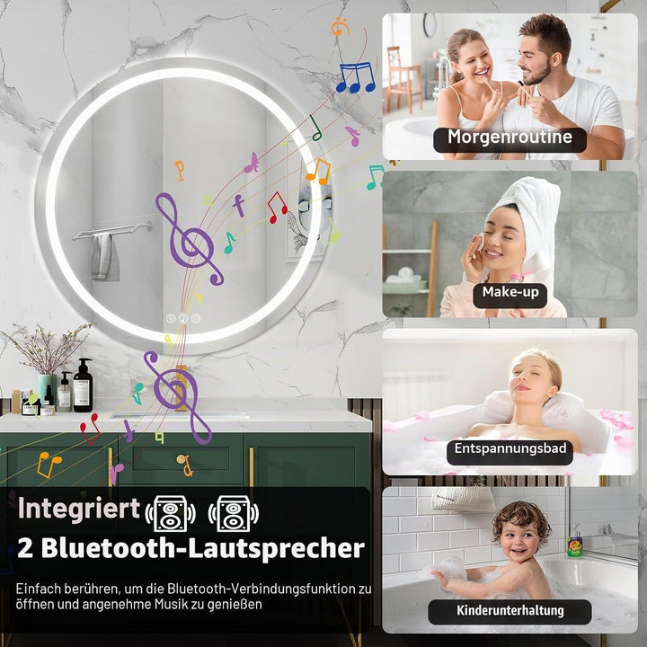 Bluetooth Badezimmerspiegel mit Beleuchtung, 80cm Runder Spiegel mit Beleuchtung, Wandspiegel mit Fr