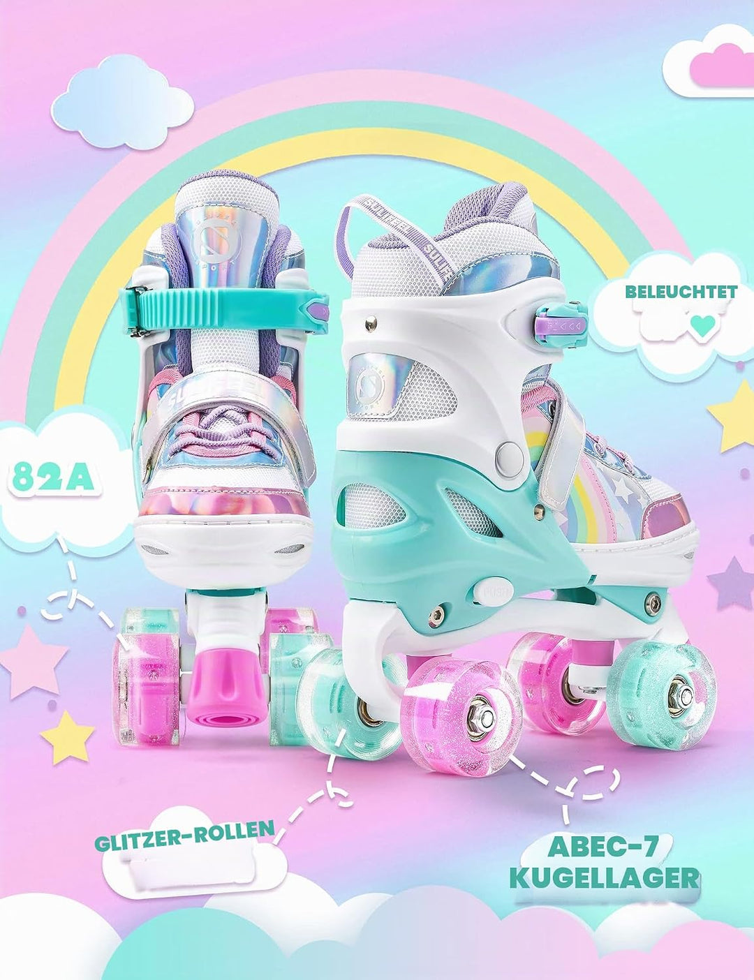 SULIFEEL Rainbow Unicorn Verstellbare Rollschuhe für Kinder mit Leuchtenden Rädern für Mädchen und J