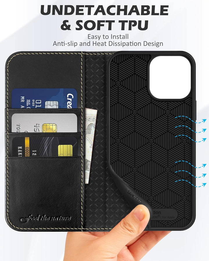 SHIELDON Hülle für iPhone 13 Pro Max, Stossfeste Schuzhülle [Echtleder] [Kartenfach] [Stand] [Verdic