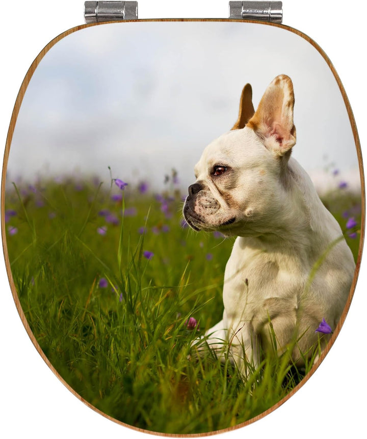 banjado® Design WC Sitz Bambus Absenkautomatik mit Motiv Franz. Bulldogge/Toilettendeckel mit Absenk