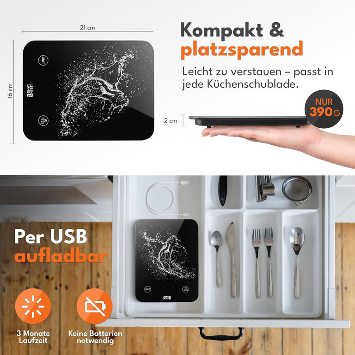 LEBENLANG Digitale Waage Küchenwaage Wasserdicht - USB Aufladbar & Inkl. Ladekabel I Bis 10 Kg I Waa