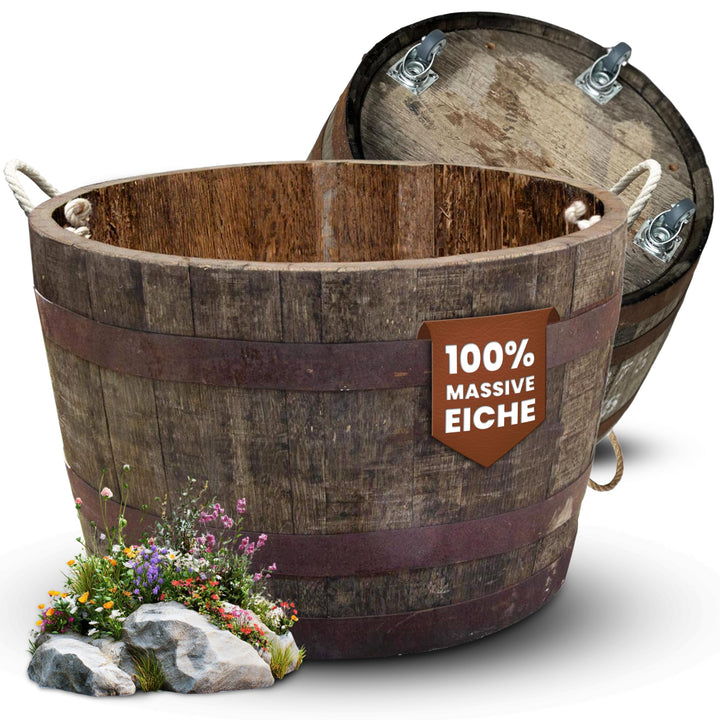 Temesso Halbes Fass aus einem originalen schottischen Whiskyfass (Natur - mit Schlaufen + Rollen + A