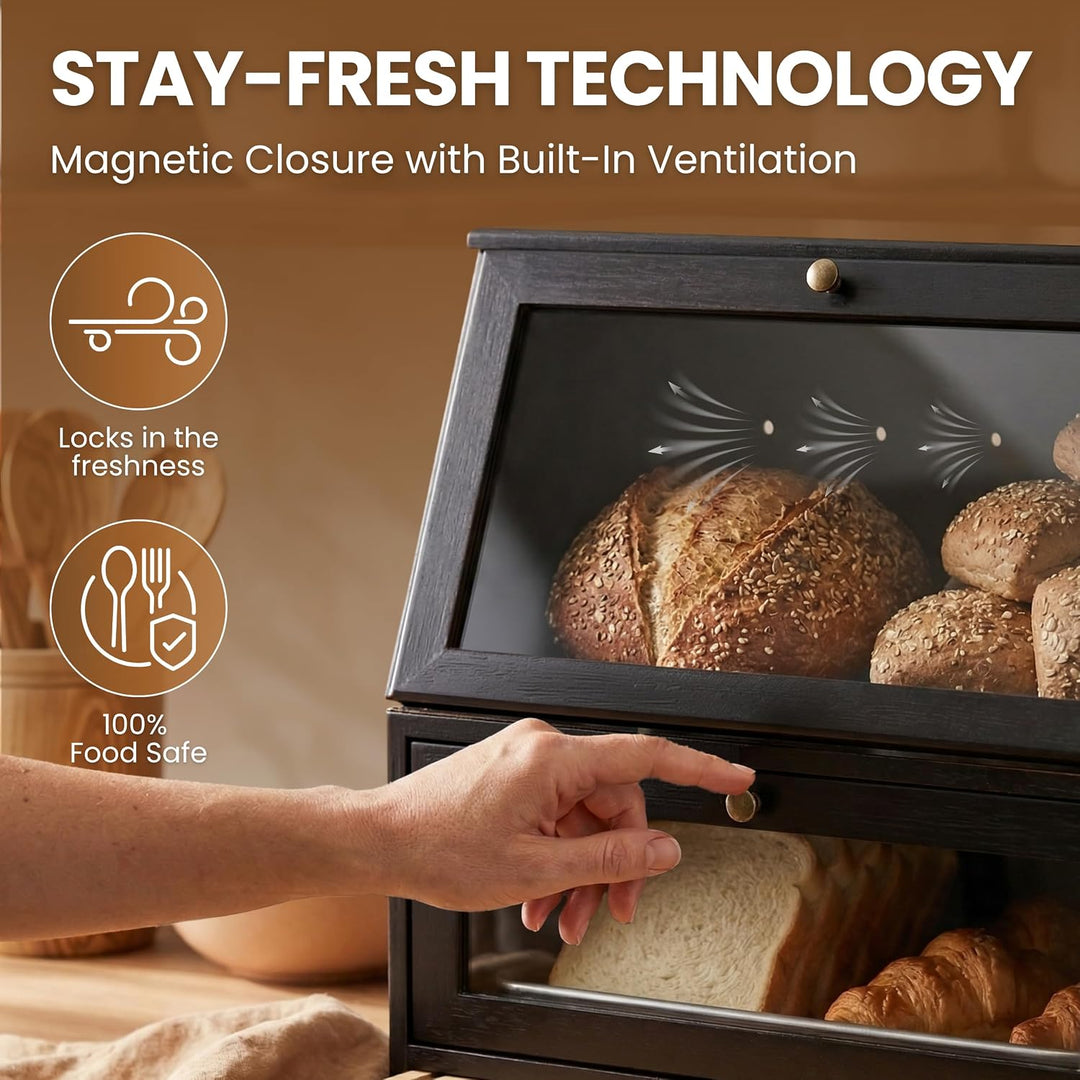Brotkasten Holz im Vintage Landhaus-Stil – Grosse Brotaufbewahrungsbox mit 2 Etagen &amp; Integriertem S