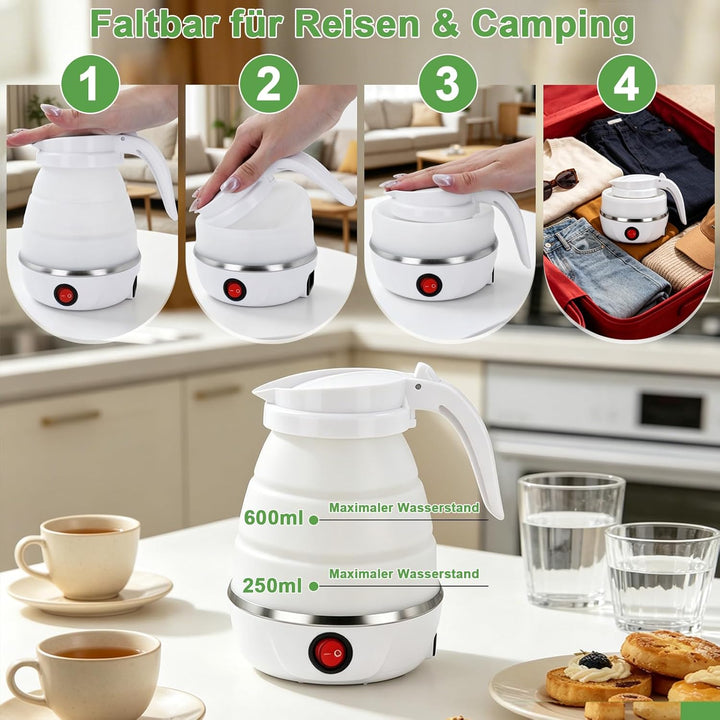 Faltbarer Wasserkocher 600ml Reisewasserkocher Klein Silikon Wasserkocher Camping Faltbar Wasserkess