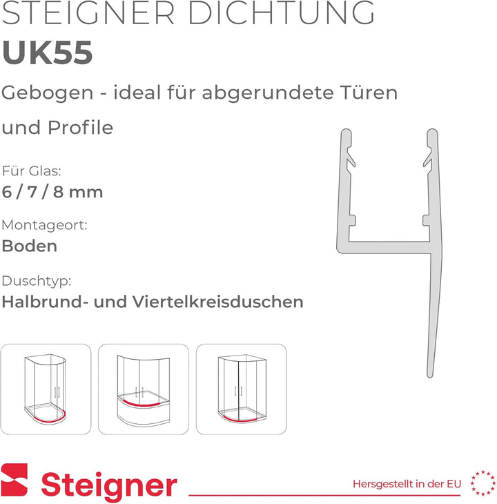 STEIGNER Duschdichtung, 120cm, Glasstärke 6/7/ 8 mm, Vorgebogene PVC Ersatzdichtung für Runddusche,