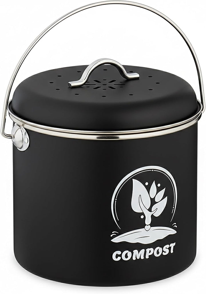 Relaxdays Komposteimer Küche, 3,5 Liter, 2 Aktivkohlefilter, mit Deckel, Henkel, Eisen, Biomüllbehäl