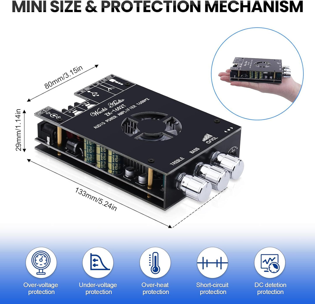 HiFi Verstärker mit Bluetooth ZK-1602T Mini Stereo-Audioverstärker 2.0 Kanal 160W+160W Stereo Mini v