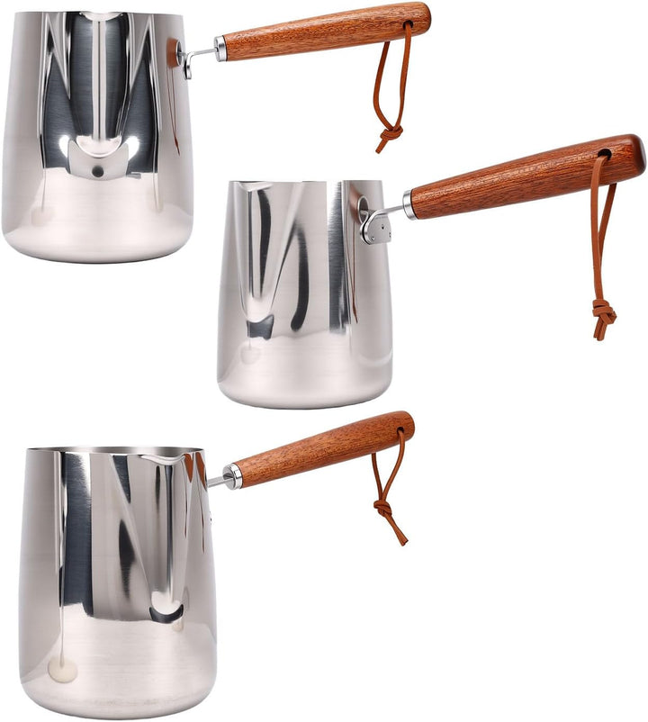 Milchaufschäumkrug aus Edelstahl 304 mit Ausguss aus Holzgriff Zum Kaffee-Kunst-Erhitzen von Milch a