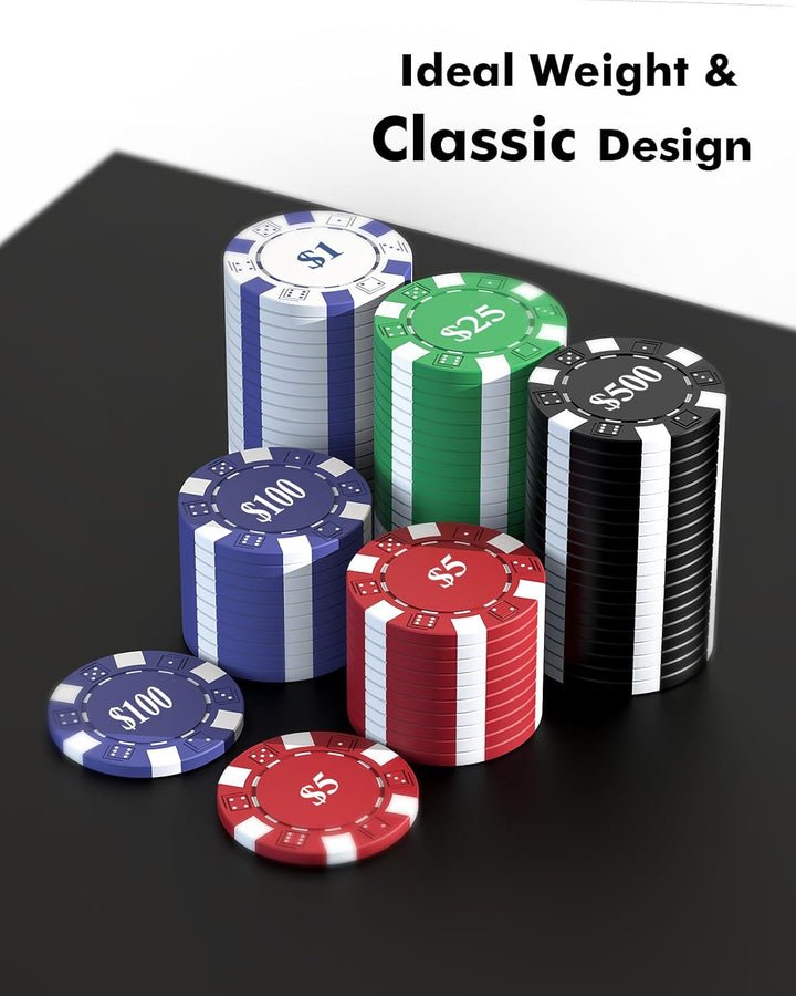 Pokerset, 100 Tragbare Spielchips mit Eisenkern, 11,5g Casino-Qualität, 5 Farben & Spielwerten, für