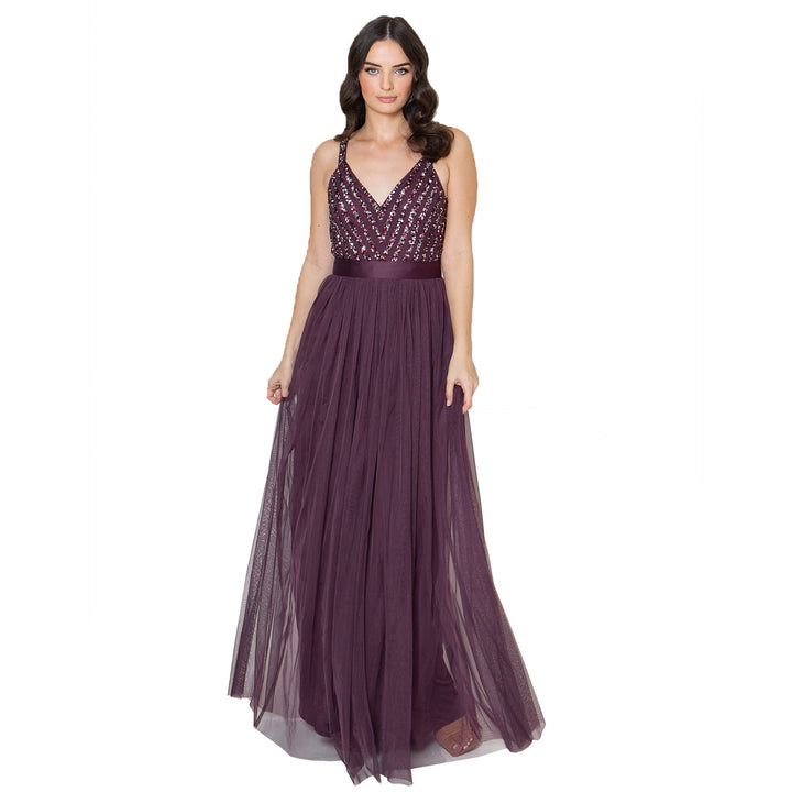 Maya Deluxe Damen Maxi Abendkleid Elegant für Hochzeit mit V-Ausschnitt Tüllkleid Schleife Brautjung