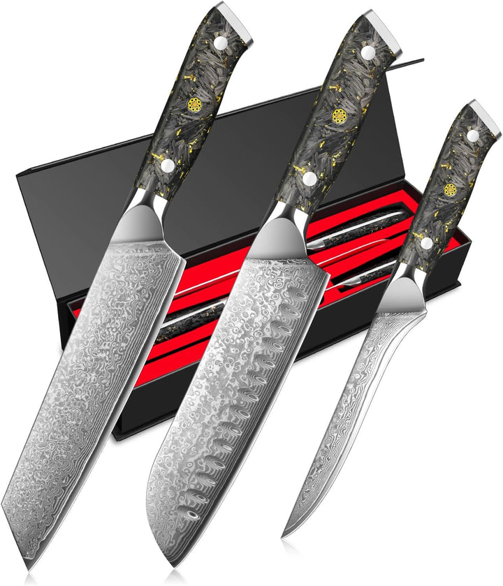 Home Safety Damast Santoku Messerset 3STK - Damast Küchenmesser Set mit 14.5-18 cm Klinge aus Kirits