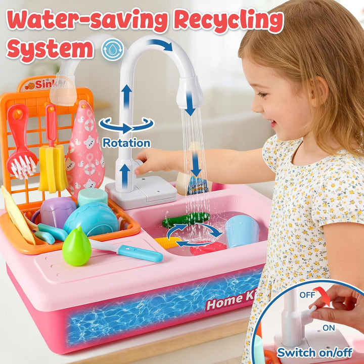 Mini Tudou Kinderwaschbecken Spielzeug,Spielspüle Spielzeug mit Automatischem Wasserzyklus-System, E