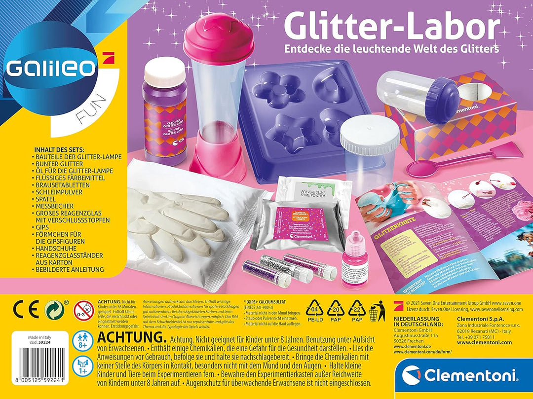 Clementoni Galileo Fun – Glitter-Labor, Basteln & Experimentieren mit Glitzer, Kreide/Schleim/Modell