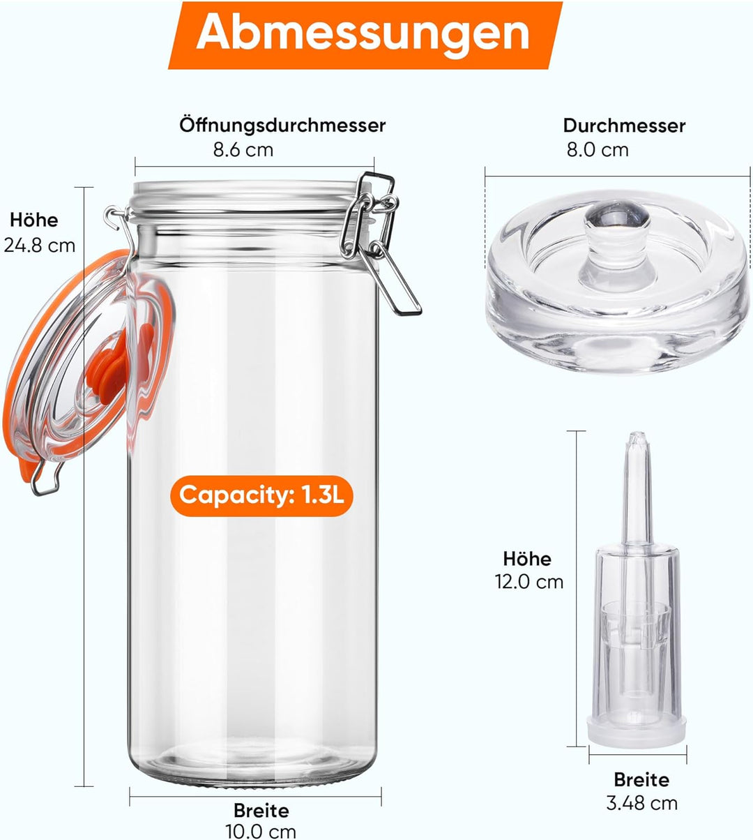 1,3L Fermentierglas Set mit Gäraufsatz & Gewicht – Fermentationsglas für Sauerkraut, Kimchi, Kombuch