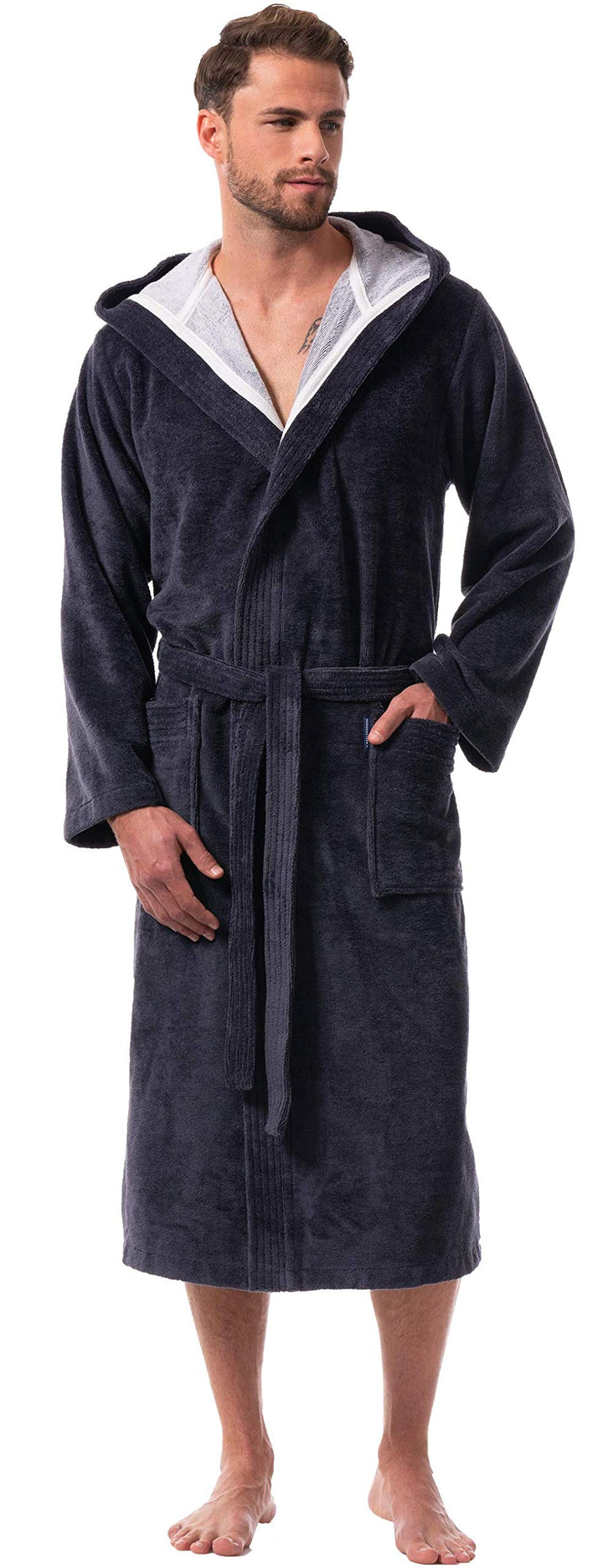 Morgenstern Bademantel Herren mit Kapuze Luxus Frottee Velours Lang L Grau, L Grau