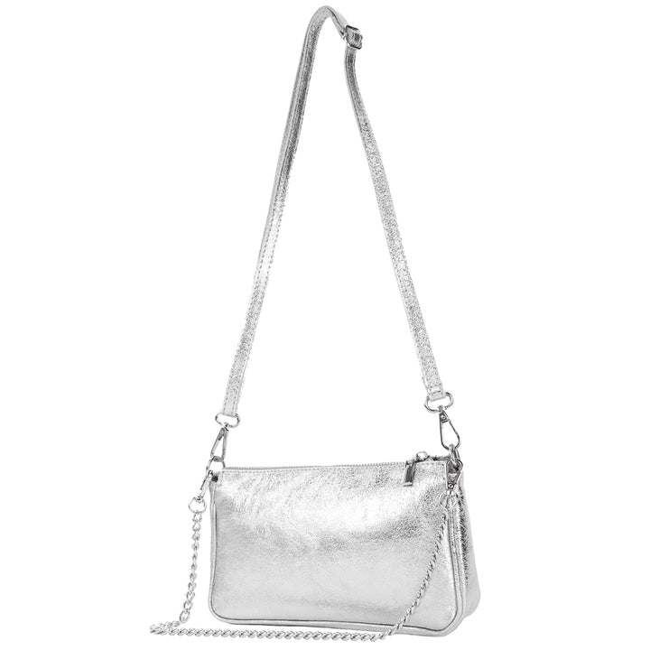 modamoda de - T237 - Umhängetasche Klein Small aus ital. Leder Silber-metallic, Silber-metallic