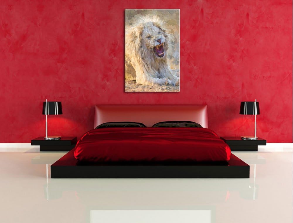 brüllender weisser Löwe Deluxe Format: 100x70 cm auf Leinwand, XXL riesige Bilder fertig gerahmt mit