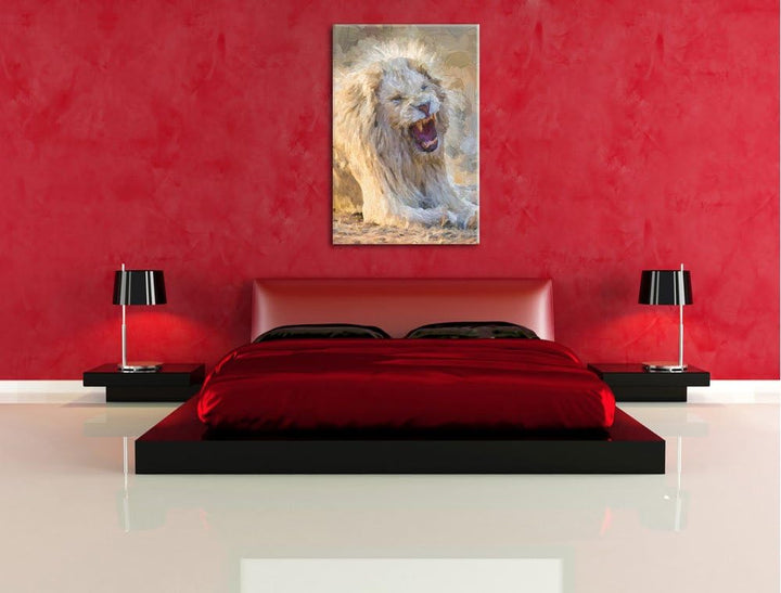 brüllender weisser Löwe Deluxe Format: 100x70 cm auf Leinwand, XXL riesige Bilder fertig gerahmt mit