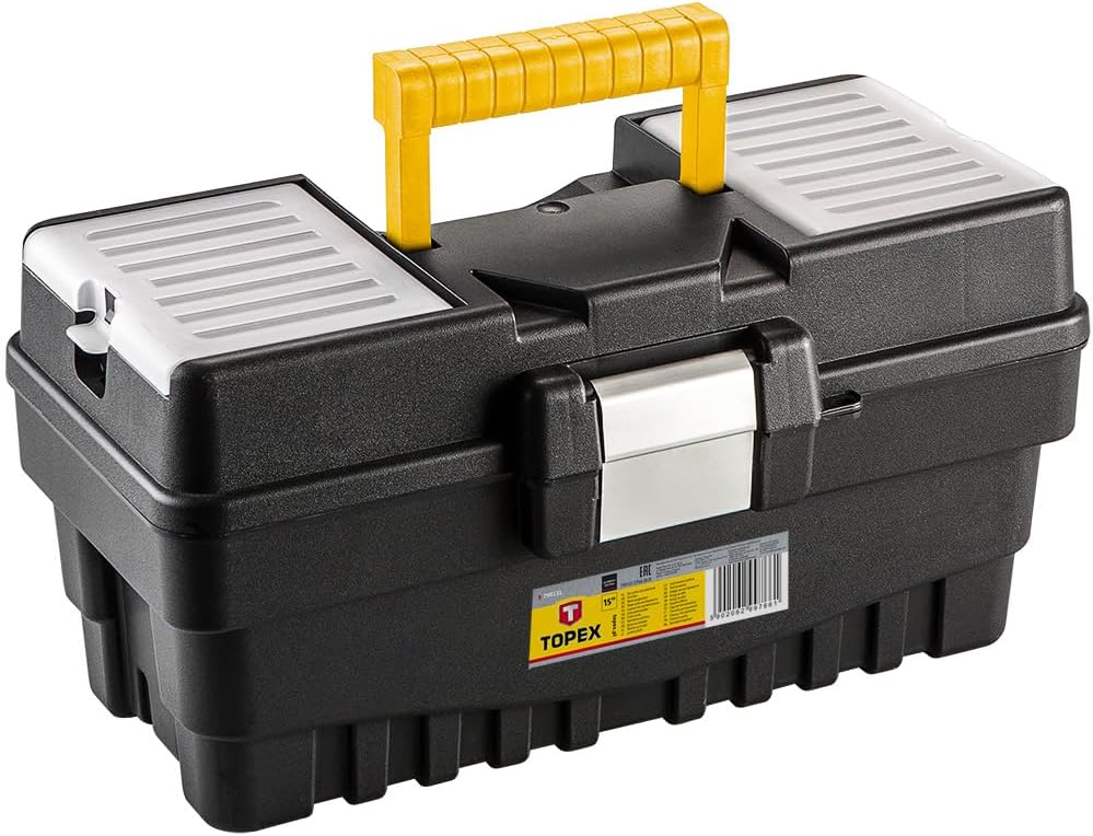 TOPEX Profi Werkzeugkasten 15" (37,4 x 18,9 x 19,8 cm) Organizer, Verschliessbare Fächer, Alu-Klamme