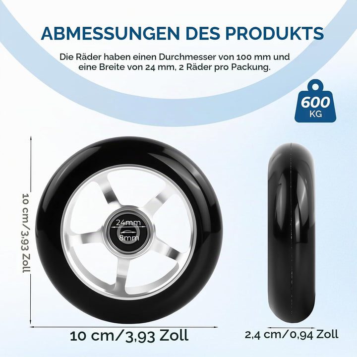 2 Stück Stunt Scooter Rollen 100 x 24mm, Scooter Ersatzräder Räder, Stunt Scooter Reifen, Roller Rei
