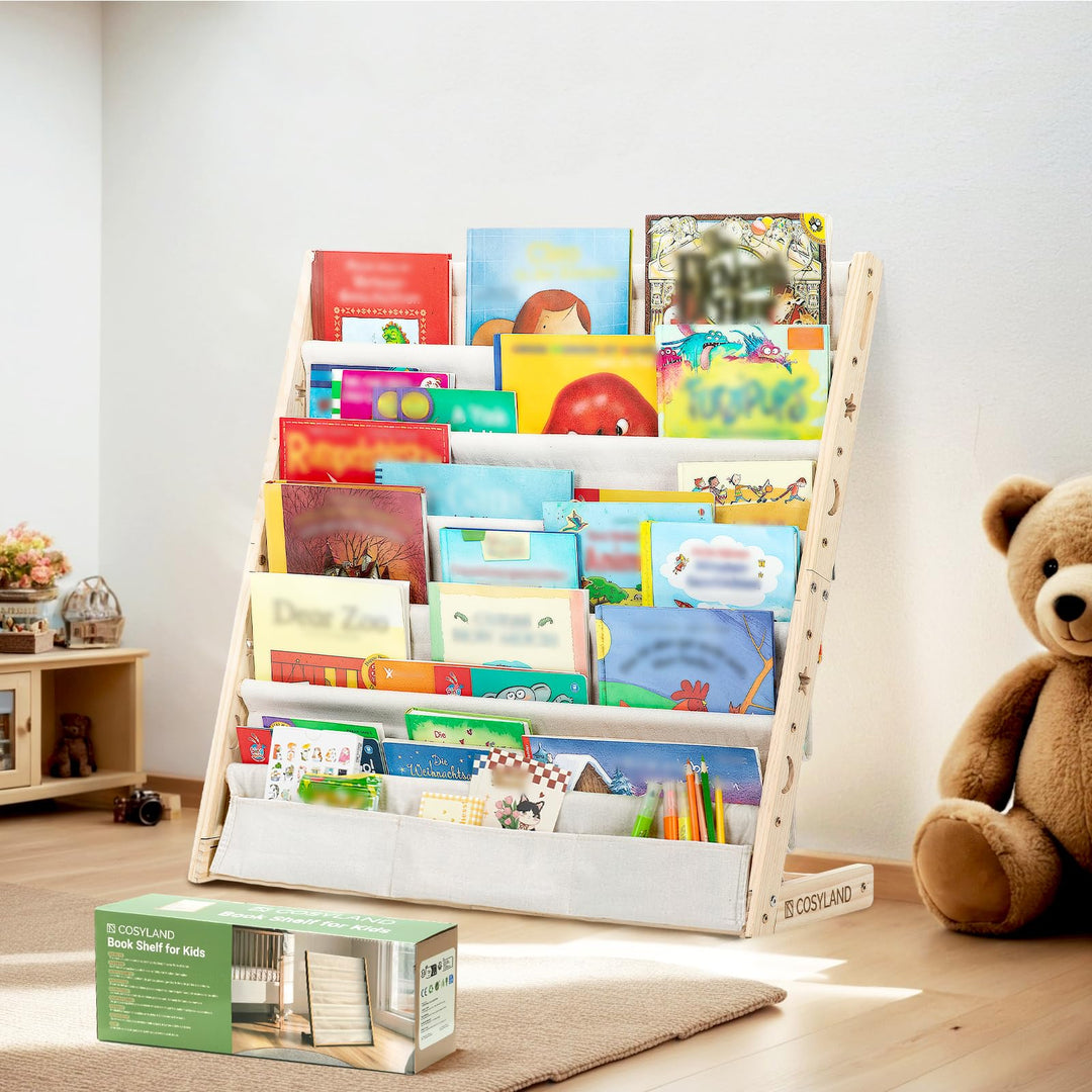 COSYLAND Bücherregal Kinder mit 6 Oxford-Stoff Fächern - Kinderbücherregal aus Naturholz - Bücherreg