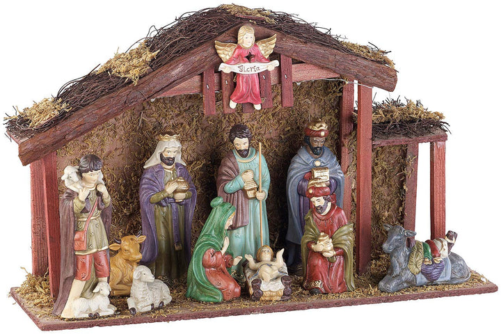 PEARL Weihnachtsdekoration: Grosse Weihnachtskrippe mit 11 Porzellan-Figuren, LED-Beleuchtung (Weihn