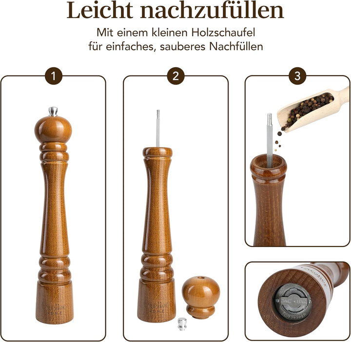 Creative Home Grosse Salz Pfeffermühle Holz | Set von 2 Mühlen mit Mini-Holzschaufel | 31,5cm Höhe |