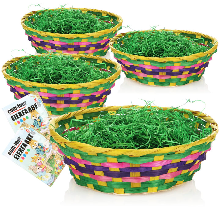 com-four® 4X Osterkörbchen mit Deko Gras und Eierfarben - Bunte Osterkörbe aus Bast mit grünem Gras