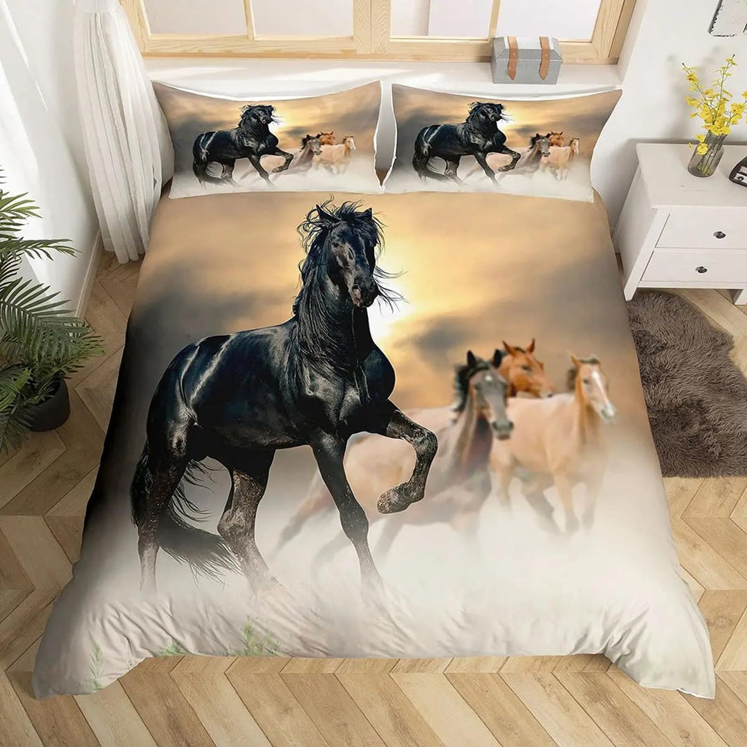 Pferde Motiv Bettbezug,Das laufende Pferd Motiv Kinder Bettwäsche Set,3D-Druck Tiere Pferd Motiv Bet