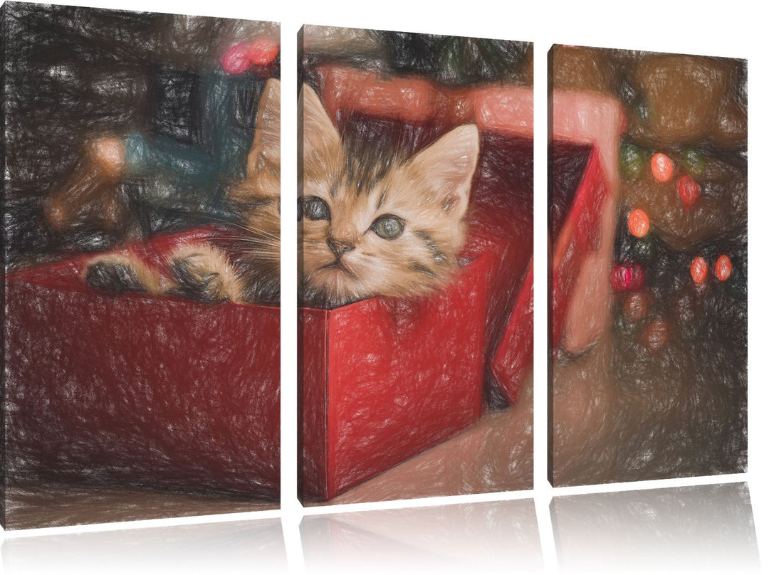 Pixxprint süsses Kätzchen in der Box Kunst Buntstift Effekt 3-Teiler Leinwandbild 120x80 Bild auf Le