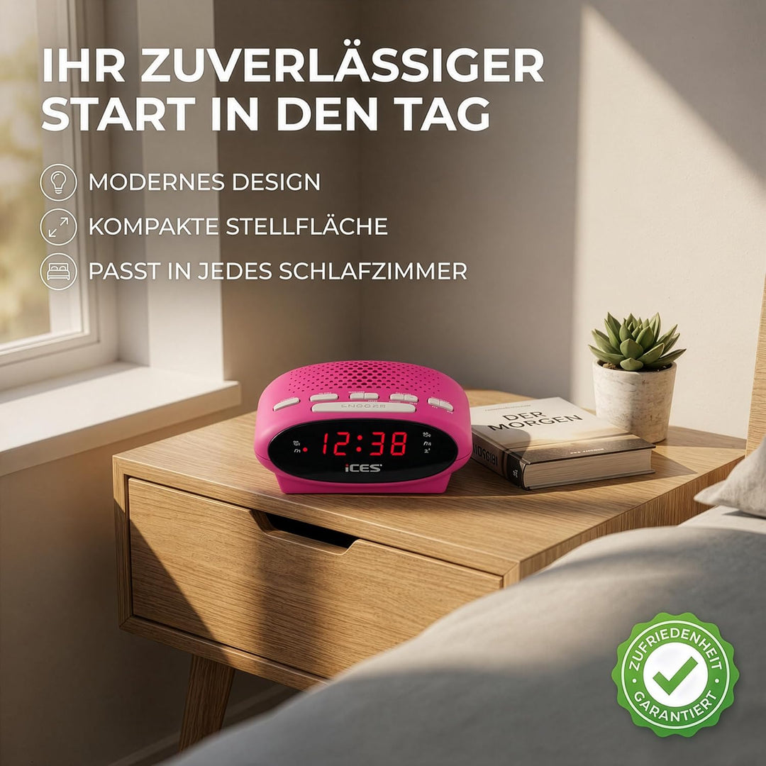 Ices ICR-210 Pink - FM Uhrenradio - Radiowecker mit 2 Weckzeiten - PLL FM - Schlummerfunktion - Slee