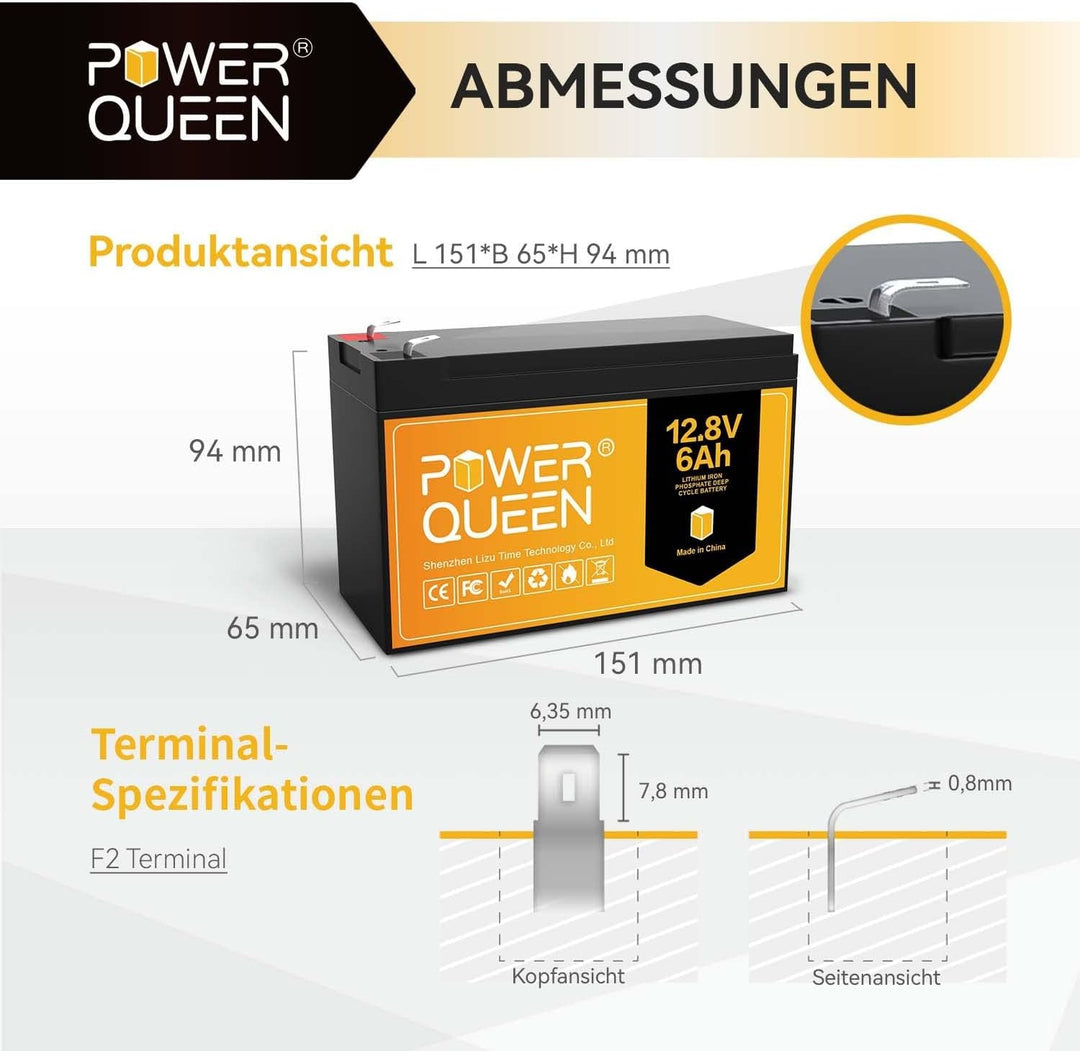 Power Queen 12Volt 6Ah LiFePO4 Batterie, Wiederaufladbare Lithium-Batterie mit 3000+ Deep Cycles, Ei