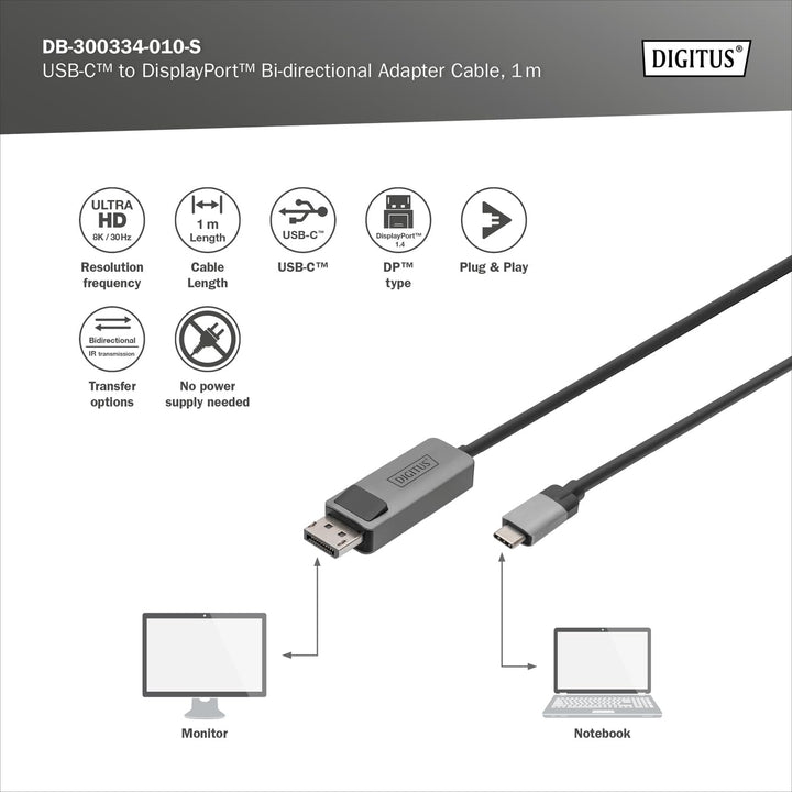 DIGITUS Displayport Adapterkabel - USB Typ-C zu Displayport 1.4-8k/30Hz - 4k/144Hz - Bidirektional -