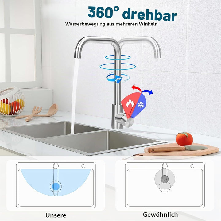 Wasserhahn Küche, Hochdruck Küchenarmatur Edelstahl Armatur Küche, mit 360° Schwenkauslauf | Einhebe