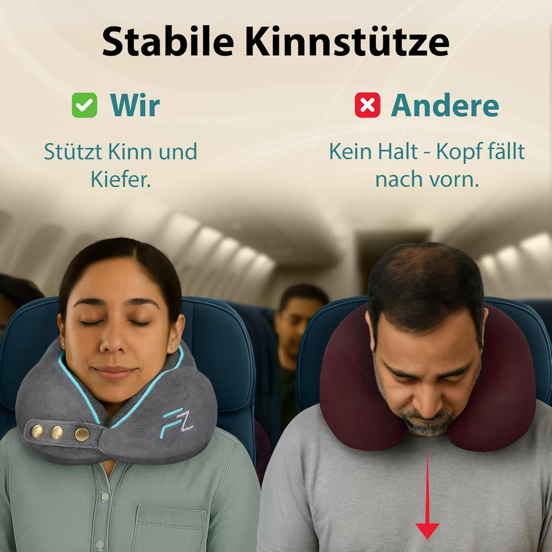 FLOWZOOM Comfy Nackenkissen Flugzeug & Auto mit Kapuze - Einstellbares Memory Foam Reisekissen mit D