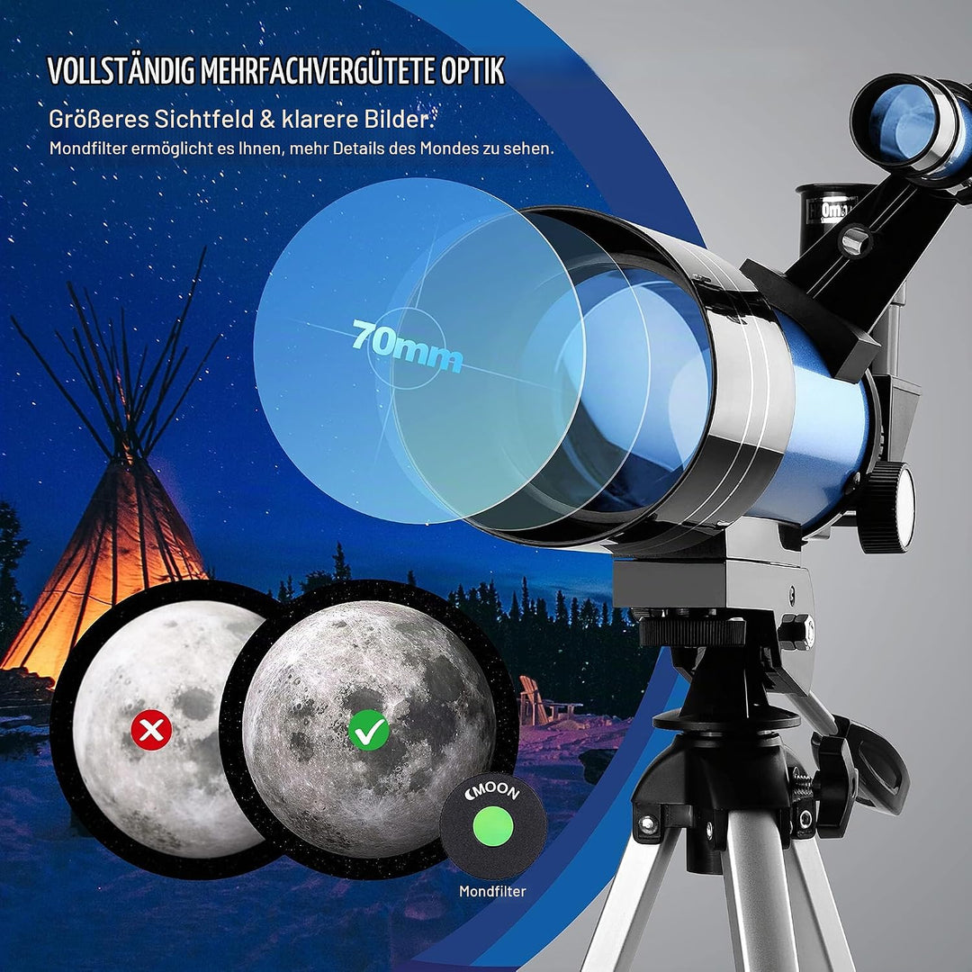 Aomekie Teleskop Kinder Einsteiger 70MM Teleskop Astronomie mit Smartphone Adapter Aluminium Stativ