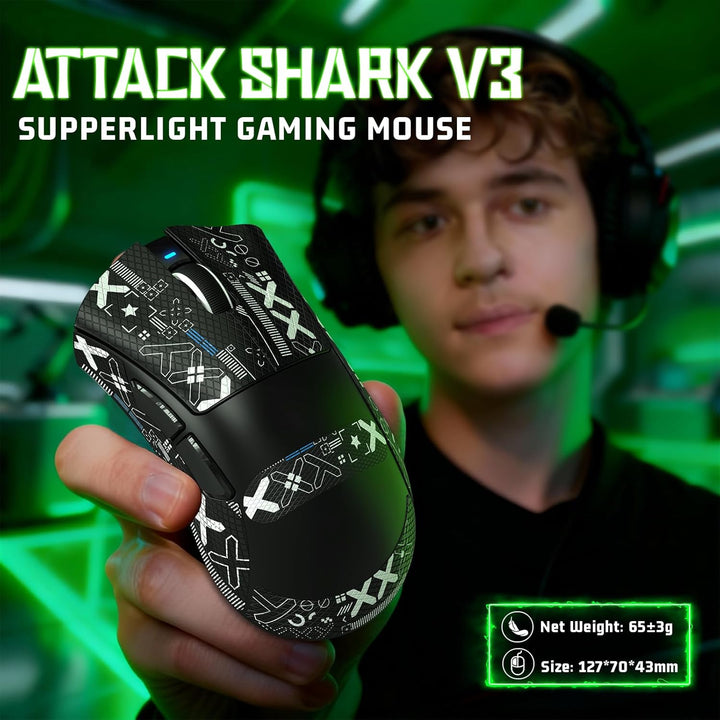 ATTACK SHARK V3 Kabellose Gaming-Maus mit Tape, 65g Ultraleicht, Optischer Sensor PAW3311 mit 25K DP