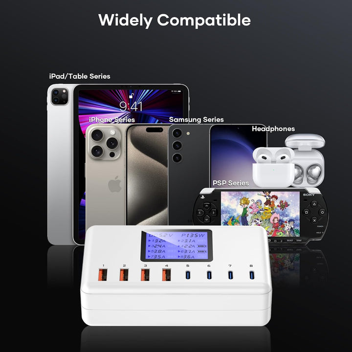 152W Mehrfach Ladegerät Mit LCD Digitalanzeige, 4 USB-A und 4 USB-C Schnellladegerät, Netzteil für i