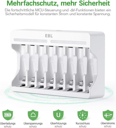 EBL Akku ladegerät mit 8*AA 2800mAh Schnell Akkuladegerät für 8X NiMH AA/AAA Akkus & wiederaufladbar