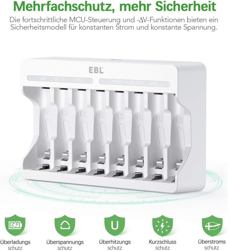 EBL Akku ladegerät mit 8*AA 2800mAh Schnell Akkuladegerät für 8X NiMH AA/AAA Akkus & wiederaufladbar