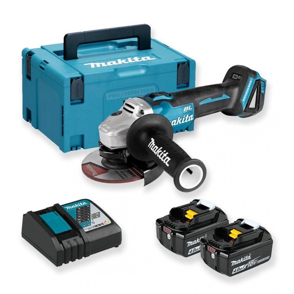 Makita Akku-Winkelschleifer 18 V / 4,0 Ah im MAKPAC inklusive 2 Akkus und Ladegerät, Blau, Silber, 9