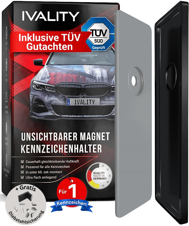 IVALITY Magnetischer Kennzeichen-Halter - Rahmenlose Nummernschild-Halterung für 1X Alu-Kennzeichen