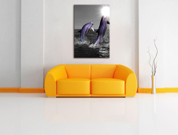 Fröhliche Delfine springen im Meer, Format: 80x120 auf hochkantiges Leinwand, 80x120