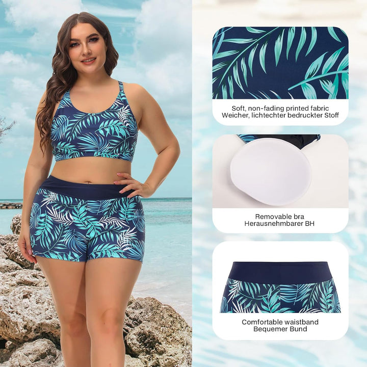 Tankini Damen Sportlich Grosse Grössen Dreiteilig Tank Aushöhlen Oberteil mit Boyshorts Push Up Bade