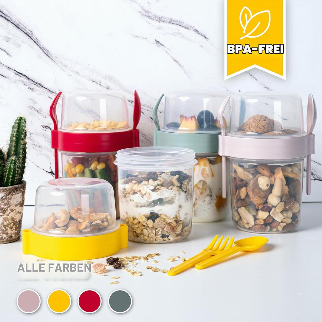 spar-home Müslibecher To Go – 4er Set Joghurtbecher To Go mit Löffel und Gabel Müsli To Go Becher 60